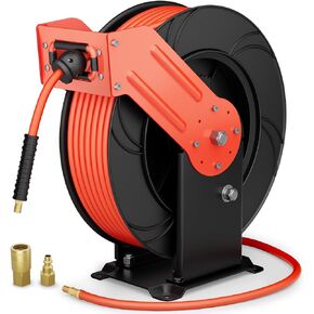 Retractable Air Hose Reel 3/8 In X 33 ft Hybrid Hose, Adjustable Double Arm Hose Reels Heavy Duty Industrial Reel, Ceiling & Wall Mount Air Compressor Hose Reel Auto Rewind with 6 ft Lead - Max 300PSI