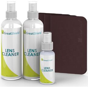 GreatShield Lens Cleaner Spray Kit, 2X 8oz + 2oz Cleaning Solution + 3X Microfiber Cloths, Streaks and Alcohol Free, Removes Fingerprints, Dust, Oil, for Eyeglasses, Cameras and Safe for All Lenses