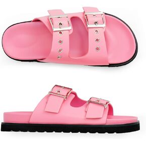 Easyfox Womens Flat Slide Sandals Double Buckle Adjustable Flat Sandals Slip On Platform Sandals Open Toe Summer Sandals