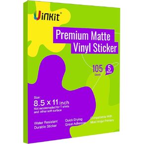 Uinkit 105 ورقة قابلة للطباعة من ورق الفينيل الأبيض غير اللامع الفاخر للطابعة النافثة للحبر، 8.5 × 11 بوصة، ذاتية اللصق، مقاومة للماء، تعمل بشكل جيد مع آلة القطع