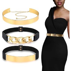 TOSGMY 3 Pieces Gold Metal Belt for Women Elastic Metal Waist Strap Stretch Belt for Women Gold Belt Adjustable Waistband