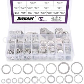 Swpeet 470Pcs Automotive Metric Oil Drain Plug Gasket Aluminum Flat Washer Assortment Kit, Including 18 Different Sizes - M6 M8 M10 M12 M14 M16 M18 M22 M24