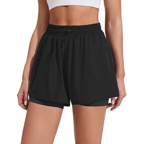 PINSPARK Athletic Shorts for Women High Waisted Workout Short 2 in 1 Running Shorts Gym Shorts with Zipper Pockets