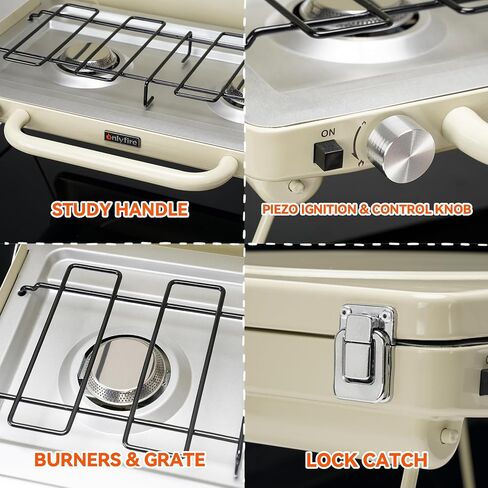 ONLYFIRE Portable Camping stove 2-Burner, Camping Stove with Foldable Legs, Camping Grill Stove with Adjustable Burners, Heavy-Duty Latch & Handle for Camping, Tailgating, RV, BBQ, Off-white in Kuwait