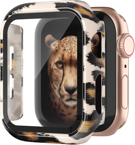 Goosehill متوافق مع حافظة ساعة Apple 38 مم سلسلة 3/2/1 مع واقي شاشة من الزجاج المقسى، غطاء كامل رفيع للغاية من مادة PC الصلبة حافظة واقية أنيقة على شكل ليوبارد للنساء والفتيات iWatch in Kuwait