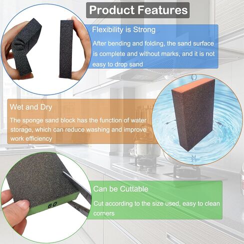 12 قطعة من مكعبات الصنفرة - 2 قطعة من 60 80 120 220 320 حبيبة، إسفنجة سنفرة خشنة/متوسطة/ناعمة/فائقة النعومة - كتلة ورق صنفرة يدوية قابلة للغسل وإعادة الاستخدام من ورق الصنفرة للخشب المعدني in Kuwait