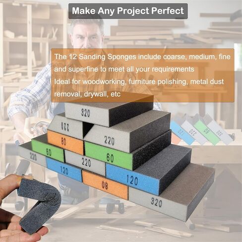 12 قطعة من مكعبات الصنفرة - 2 قطعة من 60 80 120 220 320 حبيبة، إسفنجة سنفرة خشنة/متوسطة/ناعمة/فائقة النعومة - كتلة ورق صنفرة يدوية قابلة للغسل وإعادة الاستخدام من ورق الصنفرة للخشب المعدني in Kuwait