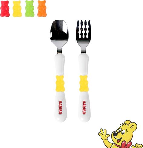 HARIBO Goldbear Spoon and Fork Set - Kids & Toddlers Plastic Flatware with HARIBO Goldbear Figure Handle, Kids Eating Utensils for 4 years + Child, BPA Free Silverware for Kids (Yellow) in Saudi Arabia