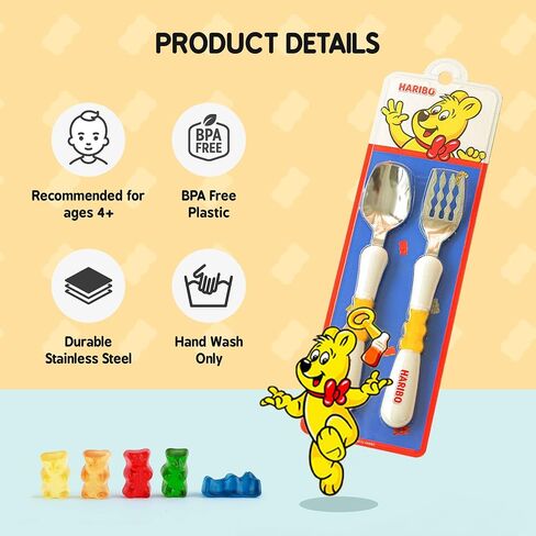 HARIBO Goldbear Spoon and Fork Set - Kids & Toddlers Plastic Flatware with HARIBO Goldbear Figure Handle, Kids Eating Utensils for 4 years + Child, BPA Free Silverware for Kids (Yellow) in Saudi Arabia