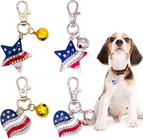 PET SHOW 4Pcs 4th of July Small Dog Bells for Collar Charm American Flag Pet Pendant Accessories Patriotic Rhinestone Bell for Collars Clip on Suitable for Medium Large Dogs Cat in Saudi Arabia