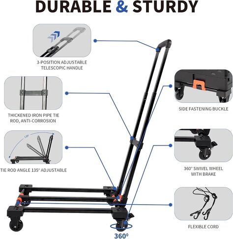AOFEITE 2 in 1 Folding Hand Truck Dolly,220 LB Collapsible Shopping cart, Large Capacity Collapsible Utility Cart with Brake Wheels & Retractable Handle for Shopping, Moving, Traveling, Office,Black in Saudi Arabia