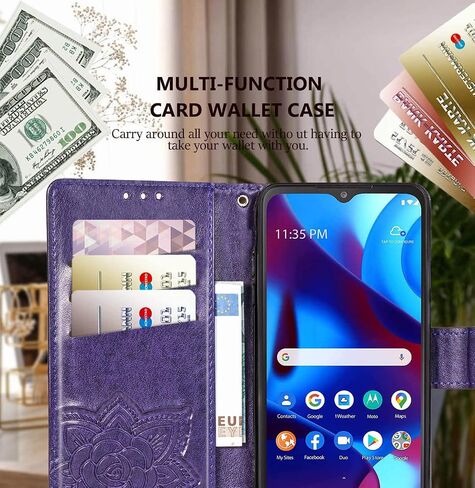 KRHGEIK مصممة لمحفظة هاتف Moto G Pure، حافظة واقية من جلد البولي يوريثان منقوشة على شكل فراشة للنساء مع فتحات حامل بطاقة مسنده وغطاء قلاب لحزام المعصم لهاتف Motorola Moto G Pure (أرجواني) in Saudi Arabia