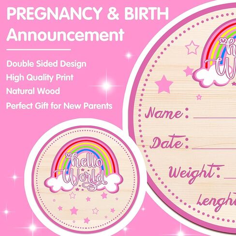 لافتة إعلان خشبية للطفل، لافتة Hello World لحديثي الولادة، لافتة إعلان ميلاد للمستشفى، علامة إعلان اسم الطفل، إعلان ميلاد الطفل، لاسم الطفل وتفاصيل الولادة، 6 بوصات قوس قزح وردي in Kuwait