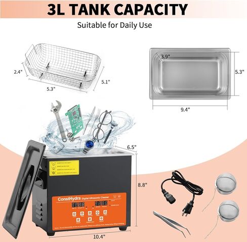 منظف ​​بالموجات فوق الصوتية ConstHydra مع ديغا ووضع لطيف، آلة تنظيف المجوهرات بالموجات فوق الصوتية بقدرة 120 وات 3 لتر مع مؤقت رقمي وسخان، منظف احترافي بالموجات فوق الصوتية للتوكيل والأجزاء المعدنية وأدوات المختبر in Kuwait