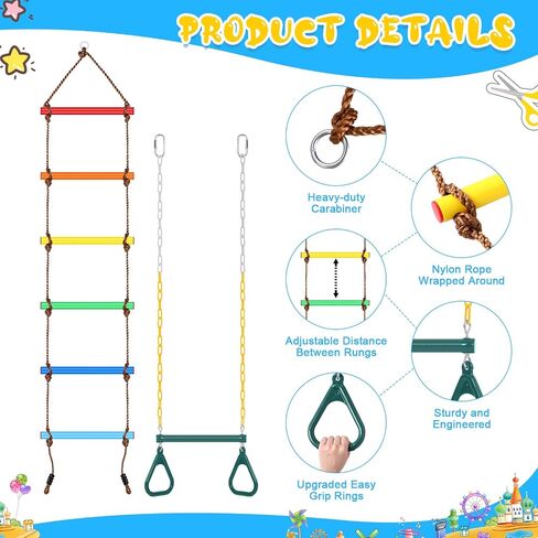 ShinyRelief 2 Pack Gym Swing Sets 48‘' Trapeze Swing Bar Monkey Bar Heavy Duty Chain with Locking 6.8ft Climbing Rope Ladder Climbing Game for Swing Accessories for Tree House Playground Outdoor Play in Saudi Arabia