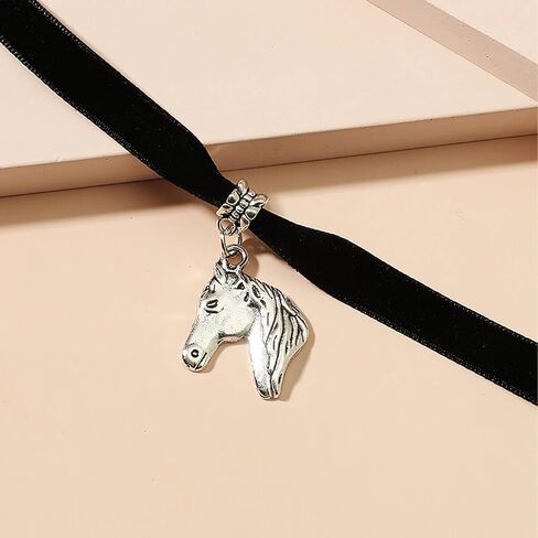 W WEILIRIAN Punk Velvet Choker Necklace Horse Pendant Necklace Black Velvet Necklace Short Horse Necklace Suede Cord Necklace Animal Necklace Choker Jewelry for Women and Girls in Saudi Arabia