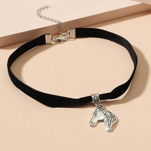 W WEILIRIAN Punk Velvet Choker Necklace Horse Pendant Necklace Black Velvet Necklace Short Horse Necklace Suede Cord Necklace Animal Necklace Choker Jewelry for Women and Girls in Saudi Arabia
