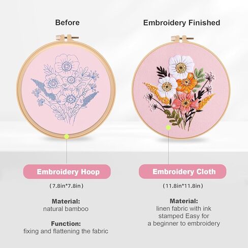 طقم تطريز XINGUANG 4 مجموعات للمبتدئين، طقم تطريز للبالغين مع أنماط الزهور والتعليمات، 2 طوق تطريز خشبي، خيوط وإبر، سهل للمبتدئين في تعلم التطريز in Kuwait