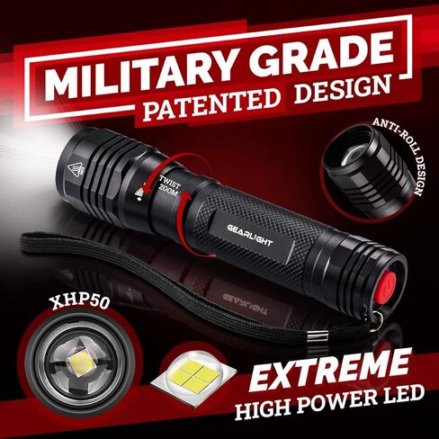مصباح يدوي GearLight S2500 LED - مصابيح يدوية تكتيكية قوية للغاية ومشرقة للغاية مع لومن عالي للتخييم والطوارئ والاستخدام اليومي in Kuwait