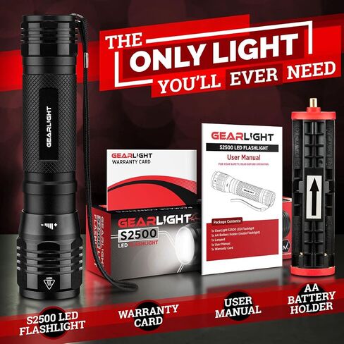 مصباح يدوي GearLight S2500 LED - مصابيح يدوية تكتيكية قوية للغاية ومشرقة للغاية مع لومن عالي للتخييم والطوارئ والاستخدام اليومي in Kuwait