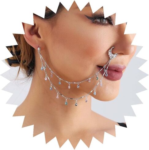 Zeshimb الأنف إلى الأذن سلسلة مجوهرات للنساء وهمية الأنف الدائري هوب مع سلسلة كريستال شرابة حجر الراين الهندي الأنف حلقة ترصيع غير ثقب الأنف الجسم زي الزي الملحقات للفتيات في سن المراهقة in Saudi Arabia