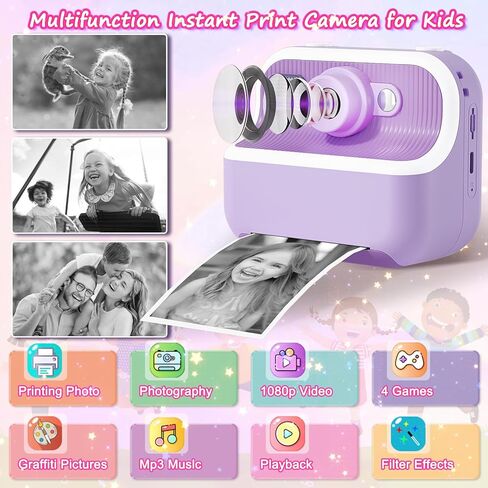 كاميرا هاندويل للأطفال طباعة فورية: 48 مليون بكسل HD عدسة أمامية وخلفية كاميرا فورية صور قابلة للطباعة لـ 3-12 4 5 6 7 8 9 10 سنوات من العمر هدايا عيد ميلاد فتاة 1080 بكسل لعبة كاميرا رقمية للسفر للأولاد والبنات in Kuwait