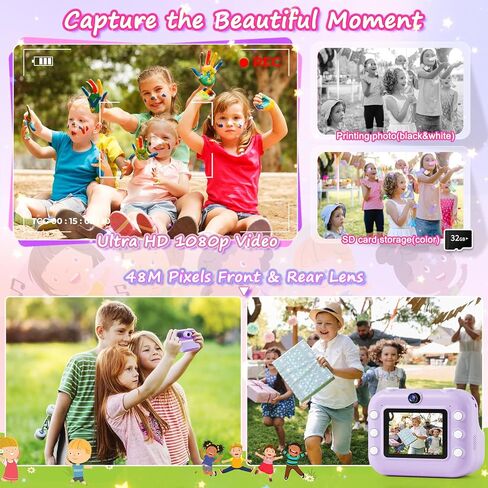 كاميرا هاندويل للأطفال طباعة فورية: 48 مليون بكسل HD عدسة أمامية وخلفية كاميرا فورية صور قابلة للطباعة لـ 3-12 4 5 6 7 8 9 10 سنوات من العمر هدايا عيد ميلاد فتاة 1080 بكسل لعبة كاميرا رقمية للسفر للأولاد والبنات in Kuwait