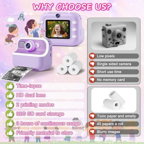 كاميرا هاندويل للأطفال طباعة فورية: 48 مليون بكسل HD عدسة أمامية وخلفية كاميرا فورية صور قابلة للطباعة لـ 3-12 4 5 6 7 8 9 10 سنوات من العمر هدايا عيد ميلاد فتاة 1080 بكسل لعبة كاميرا رقمية للسفر للأولاد والبنات in Kuwait