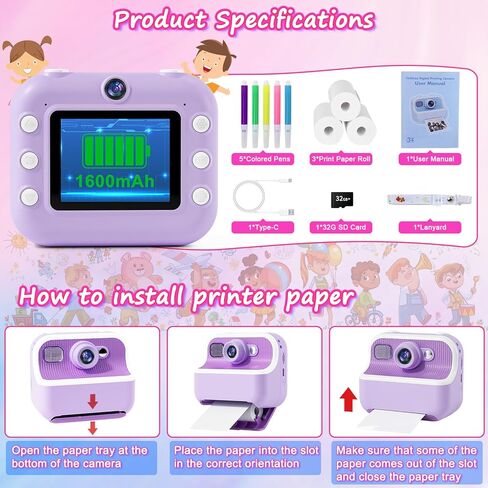 كاميرا هاندويل للأطفال طباعة فورية: 48 مليون بكسل HD عدسة أمامية وخلفية كاميرا فورية صور قابلة للطباعة لـ 3-12 4 5 6 7 8 9 10 سنوات من العمر هدايا عيد ميلاد فتاة 1080 بكسل لعبة كاميرا رقمية للسفر للأولاد والبنات in Kuwait