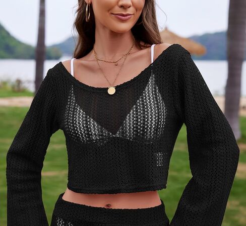 Women's 2 Piece Swimsuit Coverup Crochet Hollow Out Bathing Suit Swim Beach Cover Up Bell Sleeve Crop Top Skirt Sets in Saudi Arabia