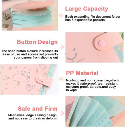 مجلد الأكورديون القابل للتوسيع، FOME 2 حزمة مجلد ملفات متين قابل للتوسيع 5 حجم حرف الجيب / منظم مستندات ورقية A4 للمدرسة والمكتب المنزلي (أرجواني، وردي) in Kuwait