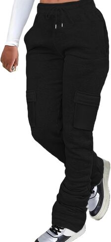 Women's Cargo Sweatpants Stacked Pants High Waisted Fleece Casual Workout Joggers Trousers Black in Saudi Arabia