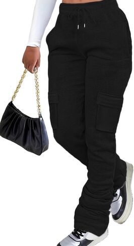 Women's Cargo Sweatpants Stacked Pants High Waisted Fleece Casual Workout Joggers Trousers Black in Saudi Arabia