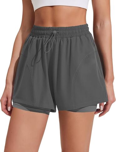 PINSPARK Athletic Shorts for Women High Waisted Workout Short 2 in 1 Running Shorts Gym Shorts with Zipper Pockets in Kuwait