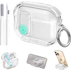 حافظة شفافة لـ Airpods Pro 3، قفل آمن لجهاز Airpods pro الجيل الثالث مع حامل هاتف غير مرئي، منبثق تلقائي، تصميم حماية هجين مع حلقة تسلق وقلم تنظيف - أبيض in Kuwait