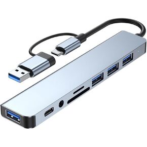 محول Docooler 8 في 2 USB A & USB C Hub Type-C متعدد المنافذ، USB 3.0 نقل سريع للبيانات SD TF قارئ بطاقة Type-C 3.5 مم صوت متوافق مع وحدة تحكم ألعاب الكمبيوتر المحمول والكمبيوتر المكتبي in Kuwait