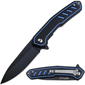سكين جيب قابل للطي من MTECH USA، الطول الإجمالي 7.75 بوصة، شفرة نقطة قطرة مؤكسدة سوداء، مقبض ألومنيوم أزرق in Kuwait