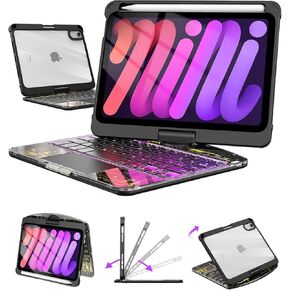 حافظة لوحة مفاتيح شفافة لجهاز iPad Mini 7 A17 Pro(2024) وMini 6 (2021) 8.3 بوصة، لوحة مفاتيح لاسلكية بإضاءة خلفية بـ 7 ألوان مع لوحة لمس، حامل دوار 360 درجة، حامل أقلام لجهاز iPad mini الجيل السابع/السادس، أسود in Kuwait