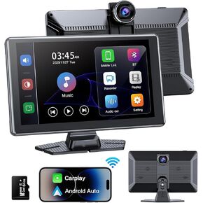 شاشة Carplay لاسلكية محمولة، شاشة لمس PBYRD مقاس 9 بوصات مع كاميرا أمامية بدقة 4K HD، ستيريو سيارة مع Apple Carplay وAndroid Auto، وصلة مرآة/تحكم صوتي/بلوتوث/ملاحة GPS-2025 جديد in Kuwait