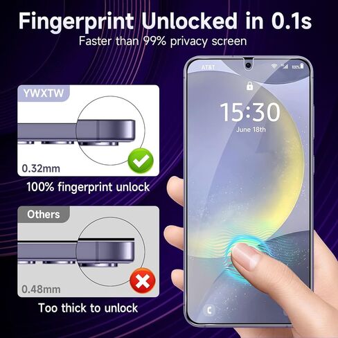YWXTW EZ Unlock for Samsung Galaxy S24 Plus Privacy Screen Protector, [0.1S Ultrasonic Fingerprint Support] [Not Glass] 25° Anti Spy Private S24 Plus Screen Protector Case Friendly, 2 Pack in Saudi Arabia