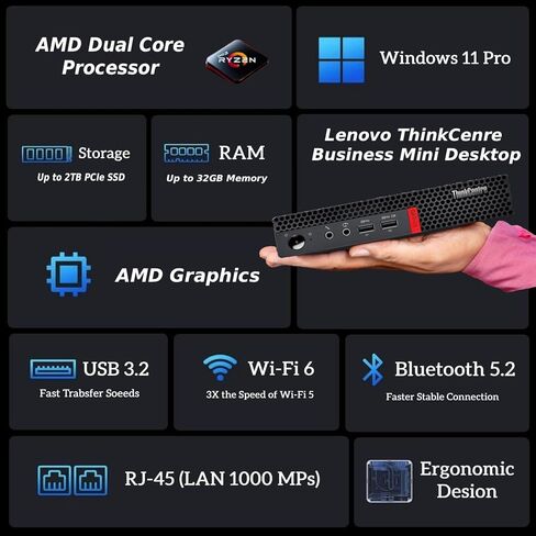 كمبيوتر مكتبي Lenovo ThinkCentre Mini Business، تصميم فائق الهدوء، دعم شاشة 4K مزدوجة، ذاكرة 16 جيجابايت، 1 تيرابايت PCIe SSD، معالج AMD ثنائي النواة، USB-C، Wi-Fi، RJ-45، بلوتوث، لوحة مفاتيح وماوس، Windows 11 Pro in Kuwait