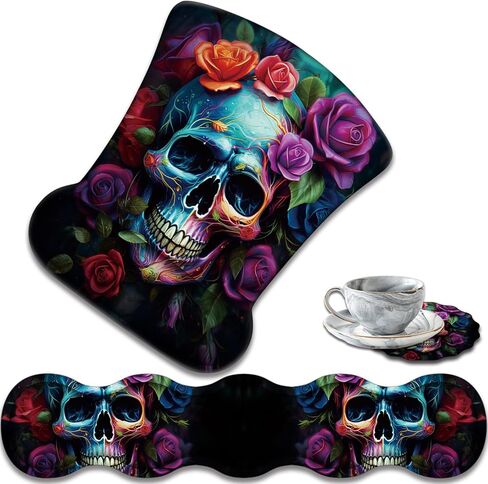 Ergonomic Keyboard Wrist Support Pad and Wrist Support Mouse Pad, Anti-Slip with Gel Memory Mouse Pad Set, Suitable for Office Use/Home Use - Colorful Rose Flower Skull in Saudi Arabia
