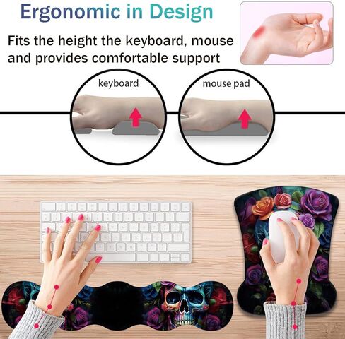 Ergonomic Keyboard Wrist Support Pad and Wrist Support Mouse Pad, Anti-Slip with Gel Memory Mouse Pad Set, Suitable for Office Use/Home Use - Colorful Rose Flower Skull in Saudi Arabia