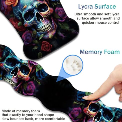 Ergonomic Keyboard Wrist Support Pad and Wrist Support Mouse Pad, Anti-Slip with Gel Memory Mouse Pad Set, Suitable for Office Use/Home Use - Colorful Rose Flower Skull in Saudi Arabia