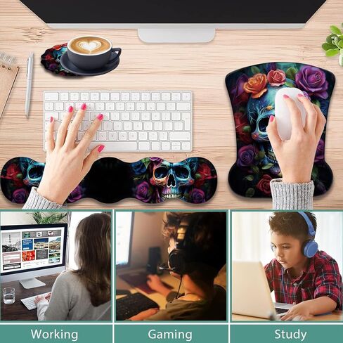 Ergonomic Keyboard Wrist Support Pad and Wrist Support Mouse Pad, Anti-Slip with Gel Memory Mouse Pad Set, Suitable for Office Use/Home Use - Colorful Rose Flower Skull in Saudi Arabia