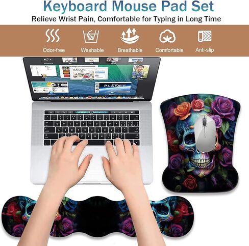 Ergonomic Keyboard Wrist Support Pad and Wrist Support Mouse Pad, Anti-Slip with Gel Memory Mouse Pad Set, Suitable for Office Use/Home Use - Colorful Rose Flower Skull in Saudi Arabia