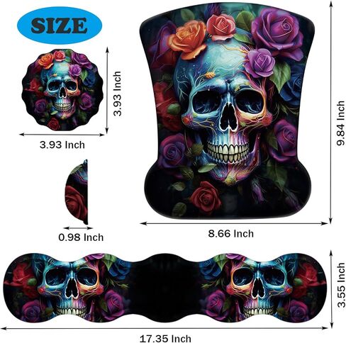 Ergonomic Keyboard Wrist Support Pad and Wrist Support Mouse Pad, Anti-Slip with Gel Memory Mouse Pad Set, Suitable for Office Use/Home Use - Colorful Rose Flower Skull in Saudi Arabia