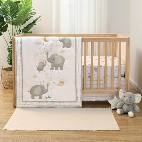 The Peanutshell 3 Piece Elephant Whimsy Baby Crib Bedding Set Boy or Girl, Nursery Decor Boy Crib Comforter Set, Classic Neutral Ivory & Cream Tones Quilt and Accessories, Gender Neutral in Saudi Arabia