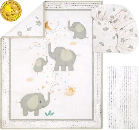 The Peanutshell 3 Piece Elephant Whimsy Baby Crib Bedding Set Boy or Girl, Nursery Decor Boy Crib Comforter Set, Classic Neutral Ivory & Cream Tones Quilt and Accessories, Gender Neutral in Saudi Arabia