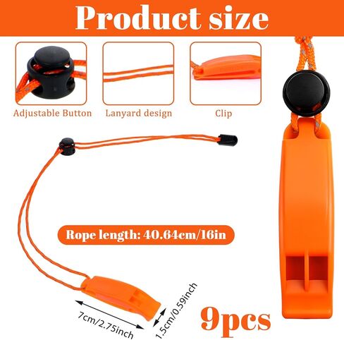 Thinp 9 Pcs Emergency Whistle, Shrill Loud Plastic Whistles with Lanyard 120db Loud Whistles Bulk for Boating Camping Hiking Fishing Outdoors (Orange) in Saudi Arabia